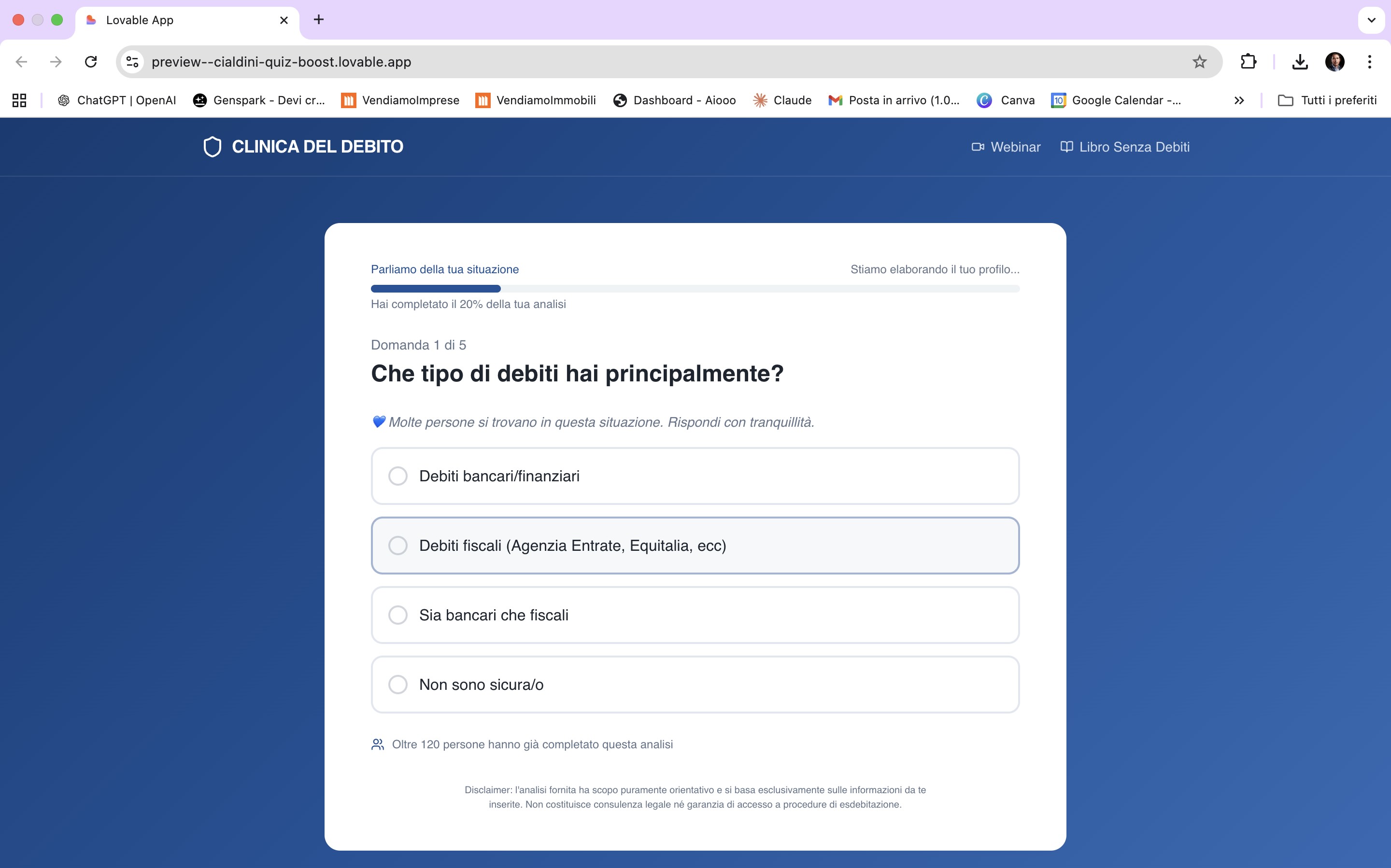 Quiz progressivo Clinica del Debito con progress bar visibile